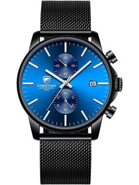 Men's Dark Blue Black Quartz Analog Mesh Strap Stainless Steel Chronograph Watch